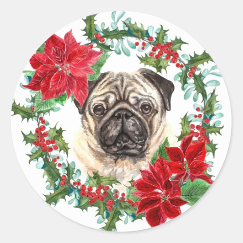 Pug Dog Poinsettia Holly Christmas Wreath Classic Round Sticker