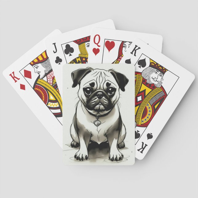  Pug Dog  Poker Cards (Watercolor illustration of a pug dog sitting, with a collar and a pendant, black and white color.)