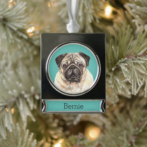 Pug Dog Portrait Personalized Silver Plated Banner Ornament