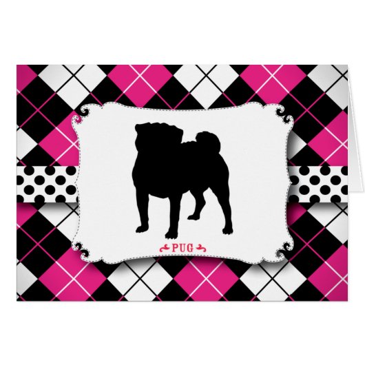Pug Dog Punk Rock Pink Argyle Cards (Front Horizontal)