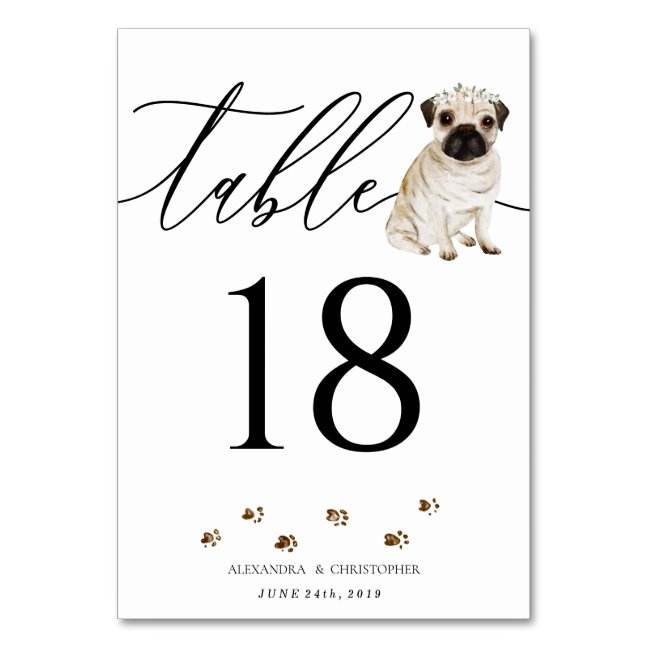 Pug Dog puppy Wedding Calligraphy Signature Table Number