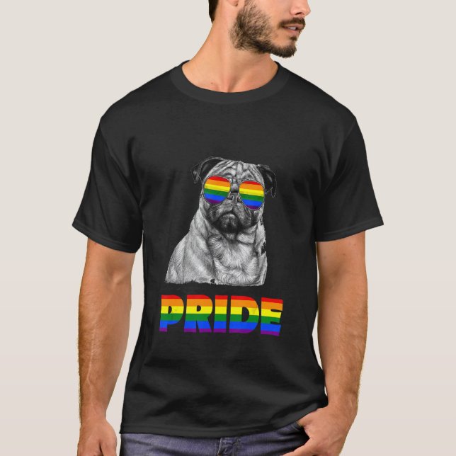   Pug Dog Rainbow Flag Sunglasses Gay Lesbian Prid T-Shirt (Front)