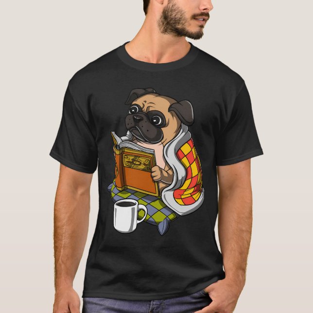 Pug Dog Reading A Book T-Shirt (Front)