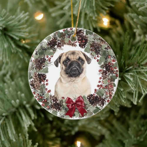 Pug Dog Red Bow Pinecone Wreath Personalized Ceramic Ornament