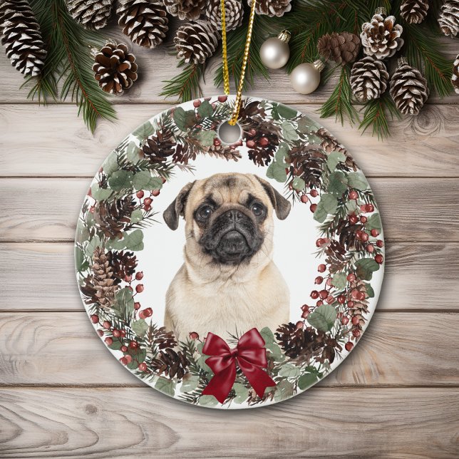 Pug Dog Red Bow Pinecone Wreath Personalized Ceramic Ornament (Creator Uploaded)