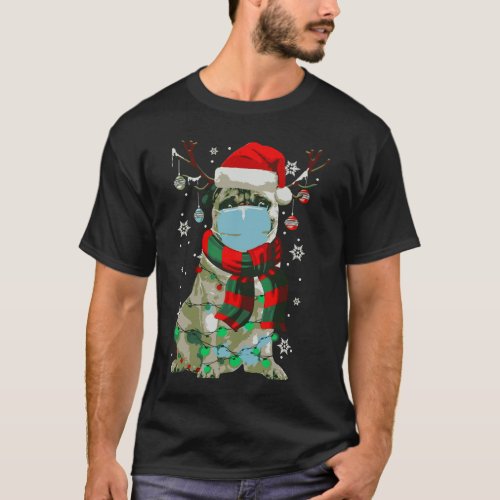 Pug Dog Reindeer With Face Mask Christmas Lights P T_Shirt