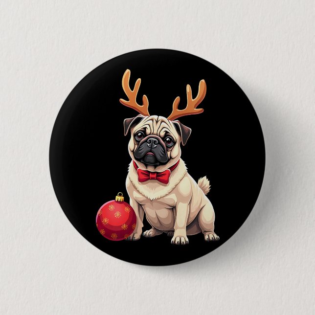 Pug Dog Reindeer Xmas Dog Lover Funny Family Chris Button (Front)