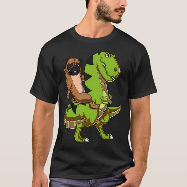 Pug Dog Riding T-Rex Dinosaur T-Shirt (Front)