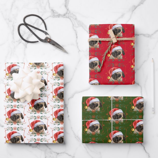 Pug Dog Santa Christmas Wrapping Paper Sheets (Front)