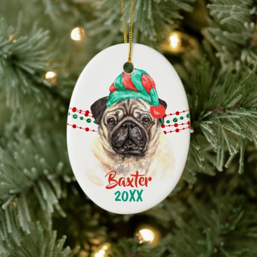 Pug Dog Santa Hat Holiday String Beads Ceramic Ornament