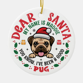 Pug Dog Santa Personalized Christmas Tree Round Ceramic Ornament