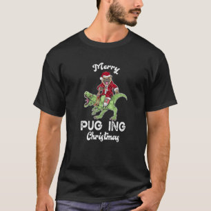 Pug Dog Santa Riding Dinosaur T Rex Christmas Tee