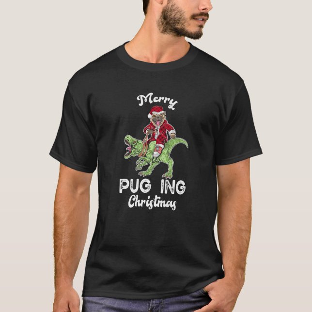 Pug Dog Santa Riding Dinosaur T Rex Christmas Tee (Front)