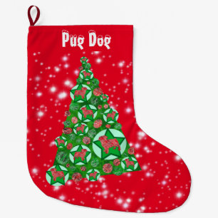 Pug Dog Silhouette Christmas Big Tree Large Christmas Stocking