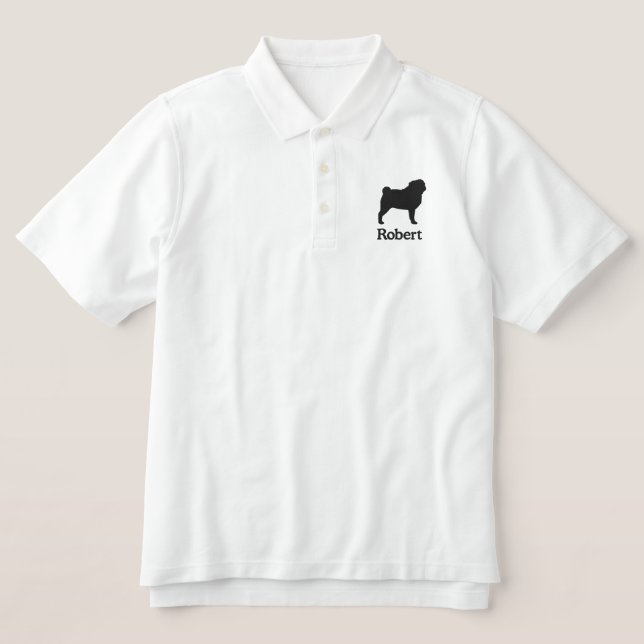 Pug Dog Silhouette Custom Name Embroidered Polo Shirt (Design Front)