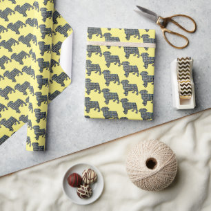 Pug Dog Silhouette Y&B Grid Yellow Gift Wrapping Paper