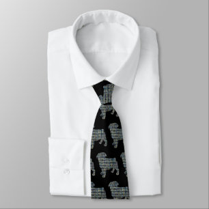 Pug Dog Silhouette Yellow & Blue Grid Black Neck Tie
