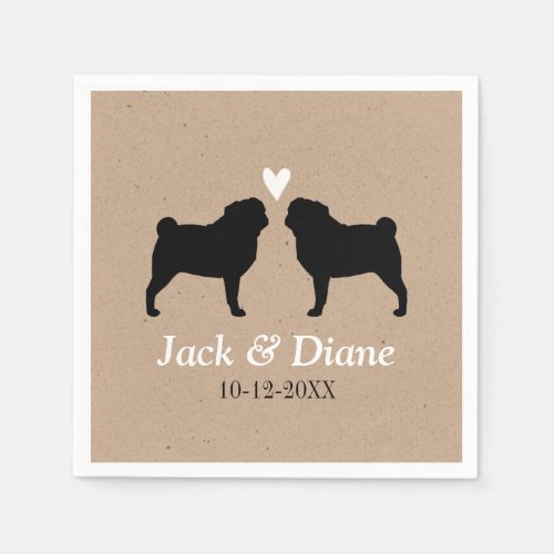 Pug Dog Silhouettes Wedding Couple Custom Paper Napkins