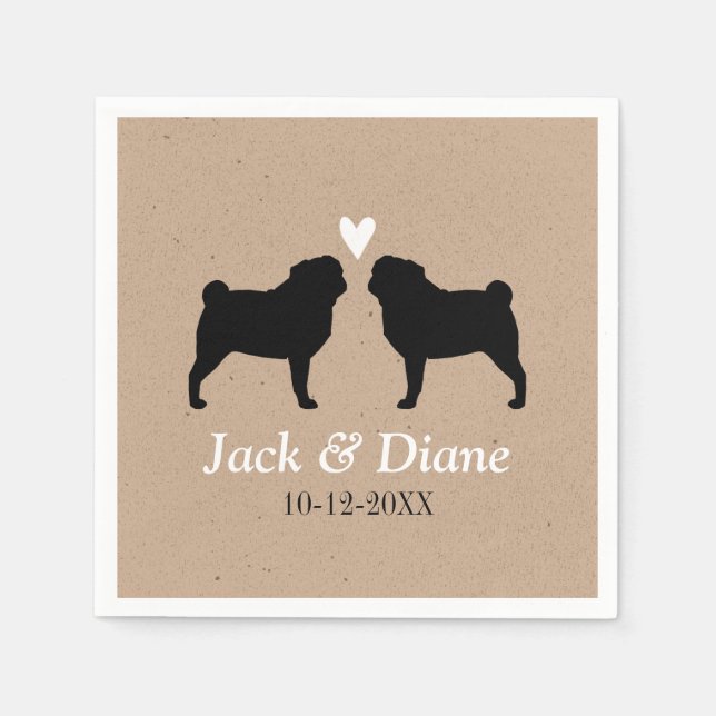 Pug Dog Silhouettes Wedding Couple Custom Paper Napkins (Front)