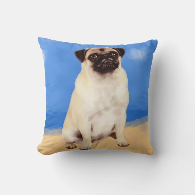 Pug Dog Sitting On Beach Throw Pillow (Front)