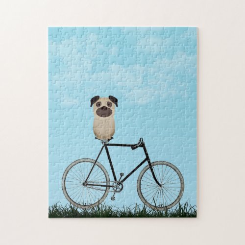 Pug Dog Sitting on Vintage Bicycle Jigsaw Puzzle