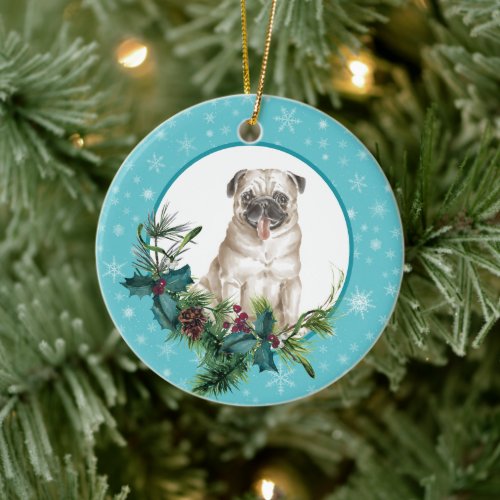 Pug Dog Snowflake Blue Frame Holiday Bouquet Ceramic Ornament