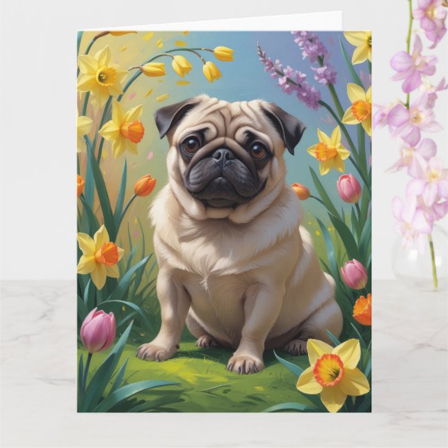 Pug Dog Spring Flowers Painting Card (Orchid)