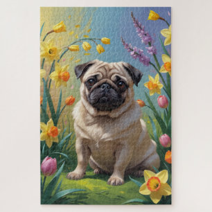 Pug Dog Spring Flowers Painting Jigsaw Puzzle