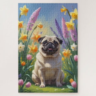 Pug Dog Spring Flowers Painting Jigsaw Puzzle