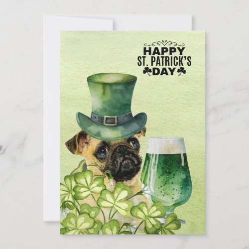 PUG Dog St Patricks Day with Hat and Beer Holiday Card