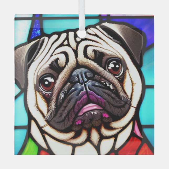 Pug Dog "Stained Glass"  Glass Ornament (Front)
