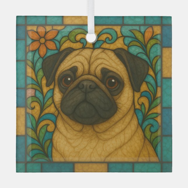 Pug Dog "Stained Glass"  Glass Ornament (Front)