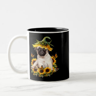 Pug Dog Sunflower Butterfly Cute Dog Lover Gifts Two-Tone Coffee Mug