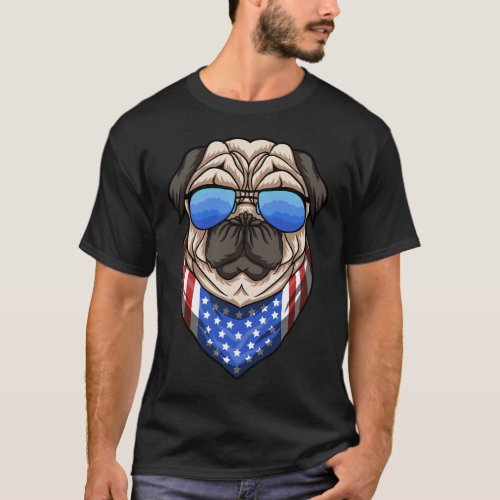 Pug Dog Sunglasses USA Flag Bandana Cool T_Shirt
