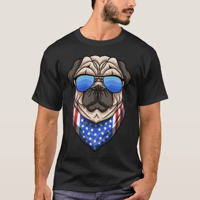 Pug Dog Sunglasses USA Flag Bandana Cool T-Shirt (Front)