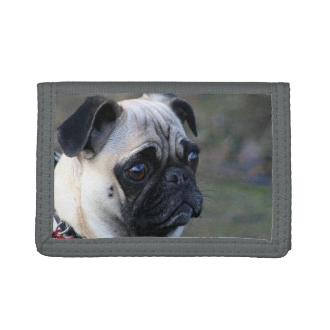 Pug dog tri-fold leather wallet (Front)