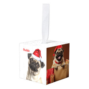 Pug Dog Two Photo Christmas Holiday Cube Ornament