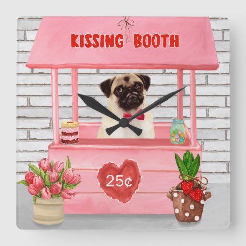 Pug Dog Valentines Day Kissing Booth Square Wall Clock