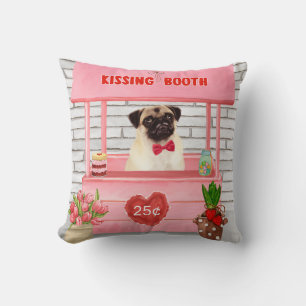 Pug Dog Valentine's Day Kissing Booth Throw Pillow