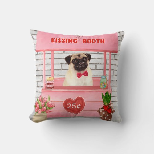 Pug Dog Valentines Day Kissing Booth  Throw Pillow