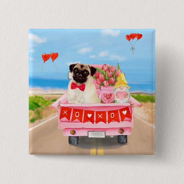 Pug Dog Valentine's Day Truck Hearts Button (Front)