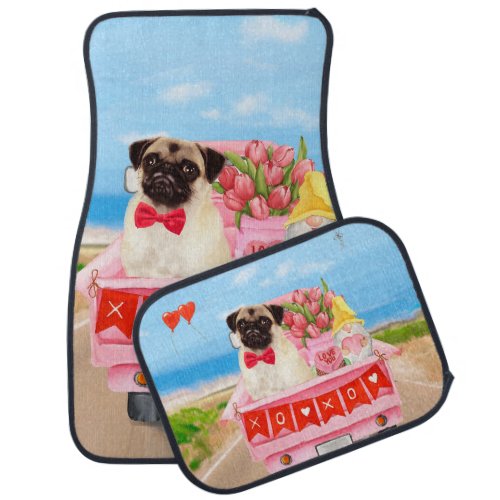 Pug Dog Valentines Day Truck Hearts Car Floor Mat