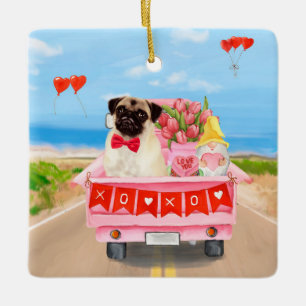 Pug Dog Valentine's Day Truck Hearts Ceramic Ornament