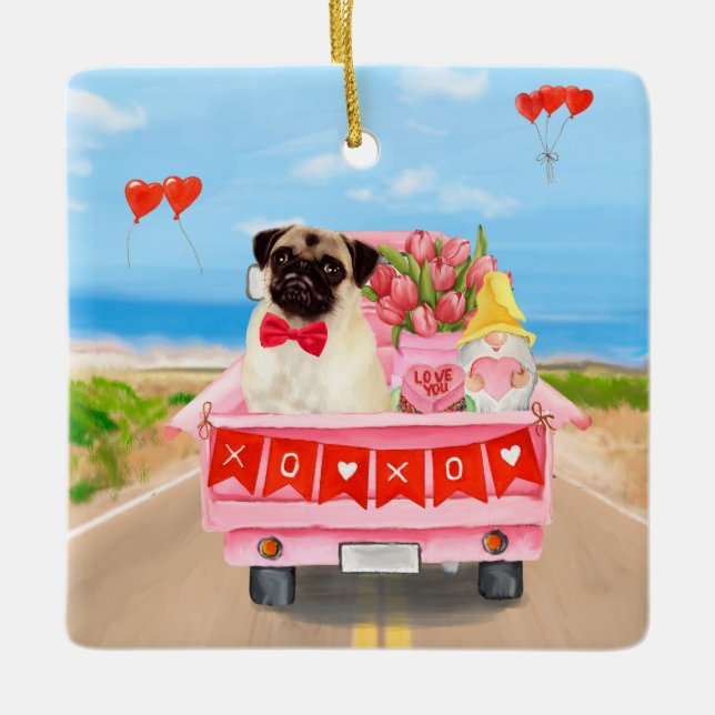 Pug Dog Valentine's Day Truck Hearts Ceramic Ornament (Front)