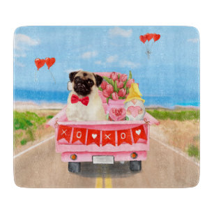 Pug Dog Valentine's Day Truck Hearts Cutting Board