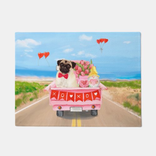 Pug Dog Valentines Day Truck Hearts Doormat