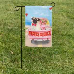 Pug Dog Valentine's Day Truck Hearts Garden Flag