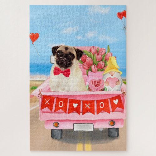 Pug Dog Valentines Day Truck Hearts Jigsaw Puzzle
