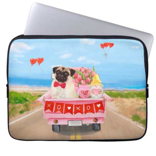 Pug Dog Valentines Day Truck Hearts Laptop Sleeve