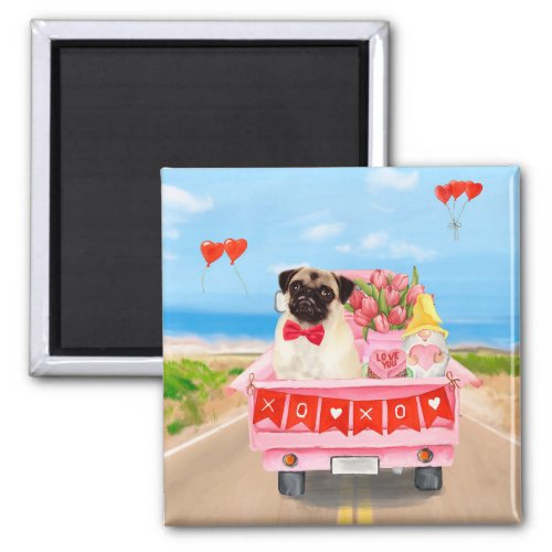Pug Dog Valentines Day Truck Hearts Magnet
